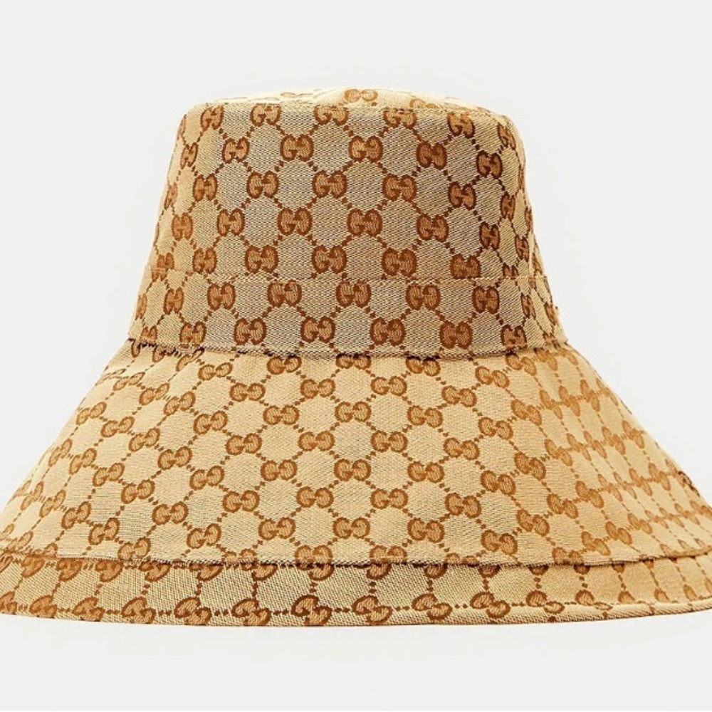 Monogram Beige Tan Canvas Bucket Hat Wide Large Brim Jacquard Sun Coverage New - Picture 16 of 16